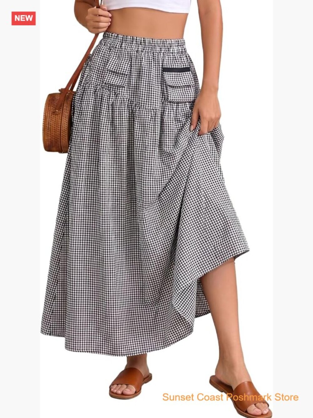 Womens Plaid Gingham Maxi Skirt Elastic High Waist Long A-Line Flowy Drawstring